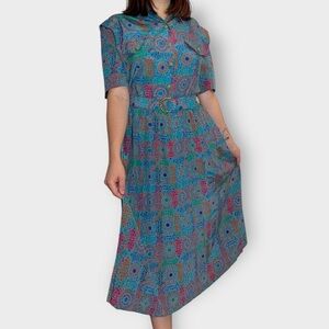 Vintage 1980s Leslie Fay Secretary Style Abstract, Pleated, Belted Dress